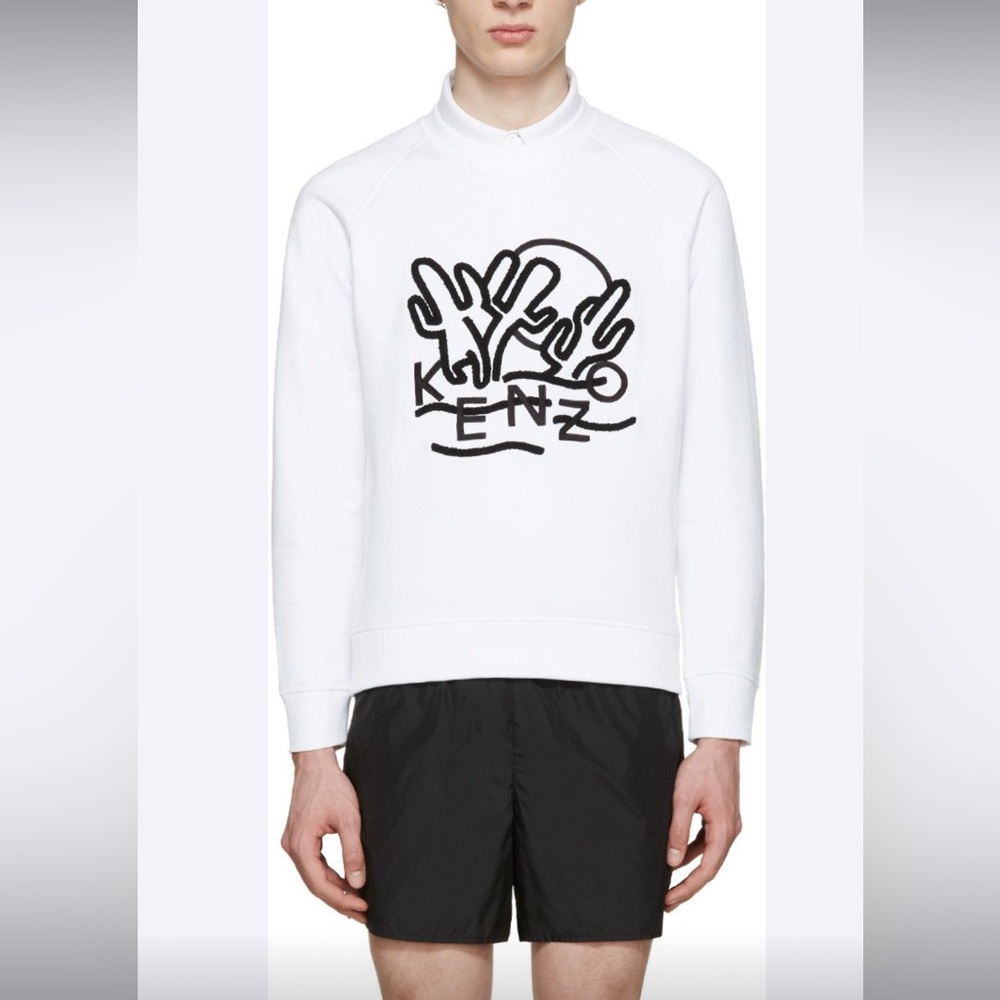 Kenzo White Cactus Logo Embroidered Sweatshirt Size M